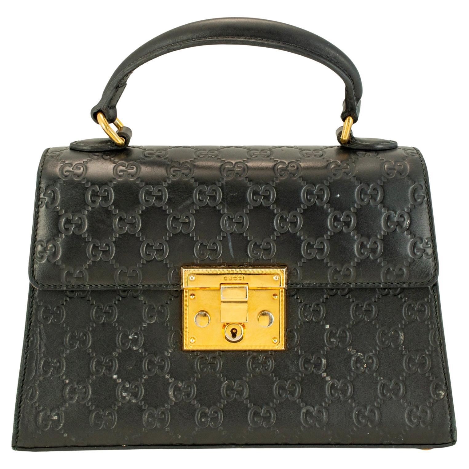 Gucci Gg Signature Black Gold-Hardware Padlock Top Handle Bag