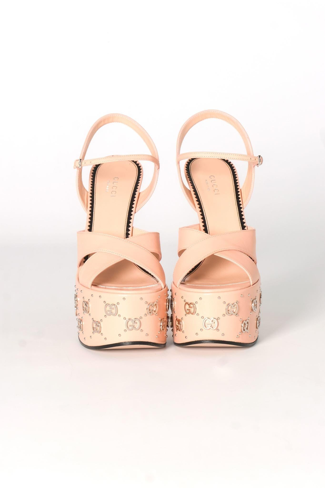 Orange Gucci GG Stud Crystal Malaga Platform Sandals Heels Pink EU 38 For Sale
