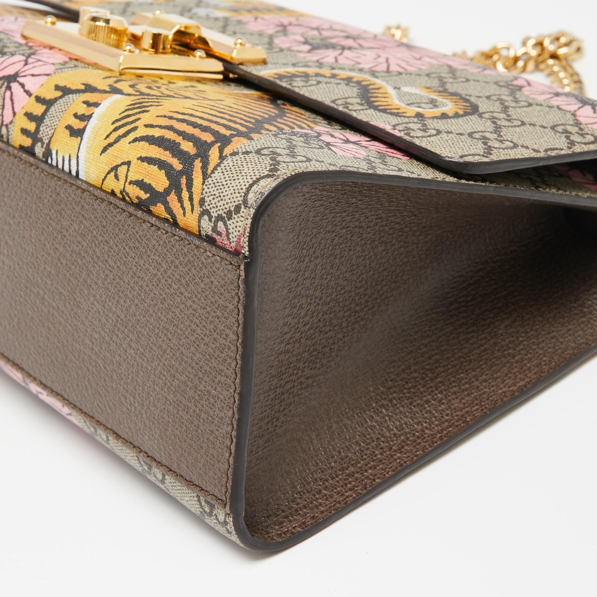 Beige Gucci GG Supreme Bengal Canvas and Leather Medium Padlock Shoulder Bag 