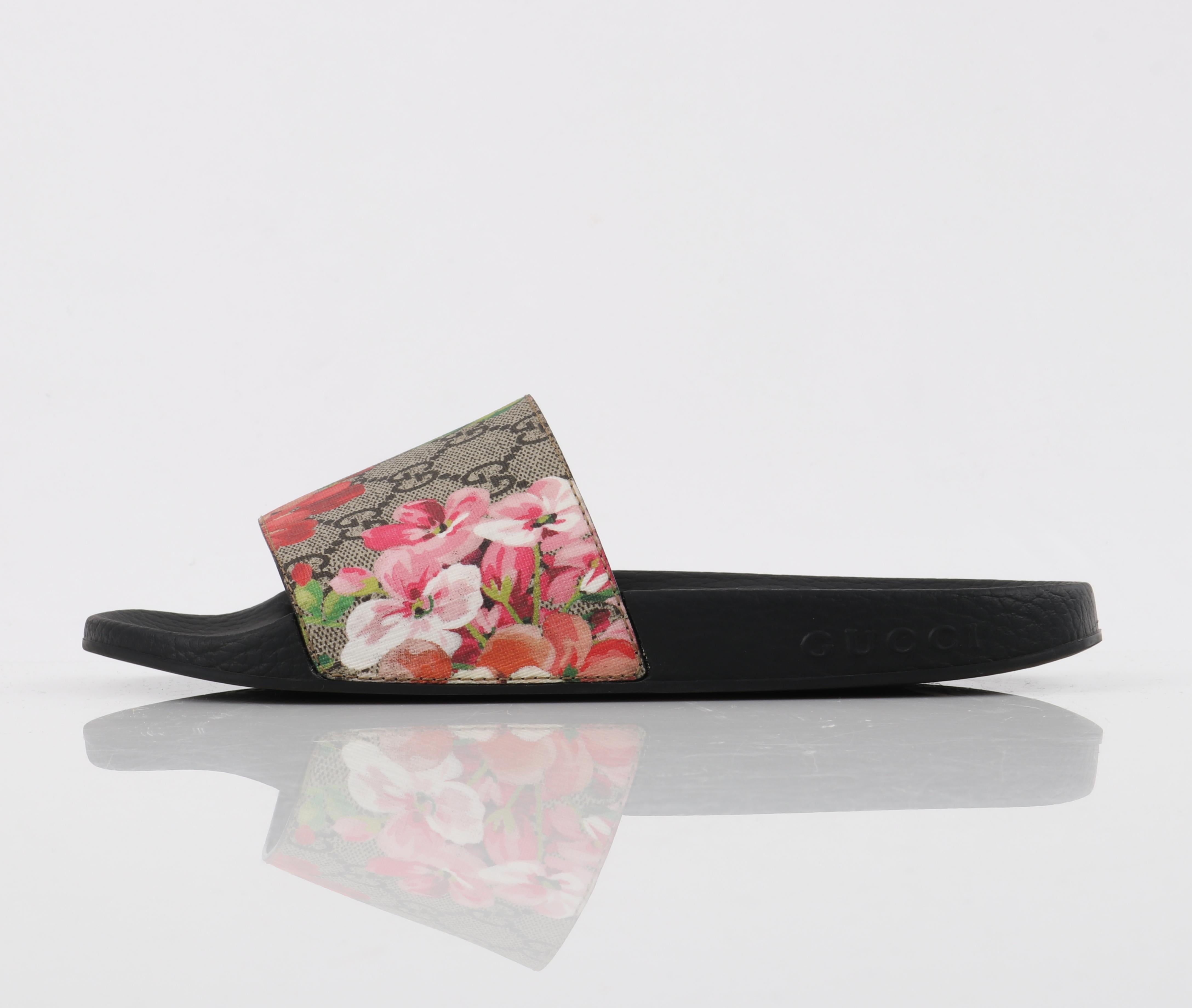 Black GUCCI “GG Supreme Blooms” Floral Print Supreme Slide Sandals W/ Box