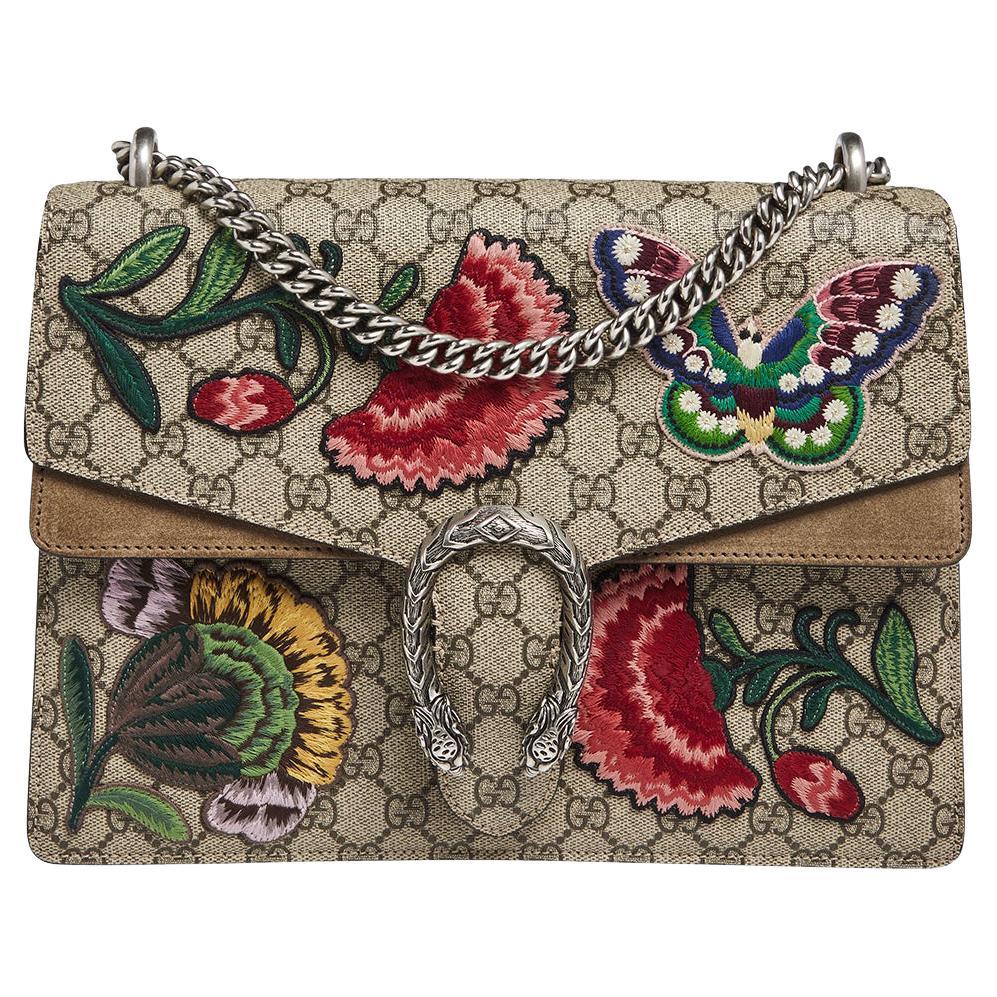 Gucci GG Supreme Canvas and Suede Butterfly/Flowers Dionysus Shoulder Bag