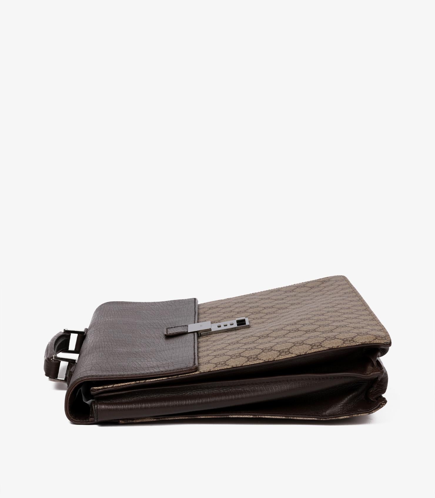 Black Gucci GG Supreme Coated Canvas & Brown Calfskin Leather Vintage Briefcase For Sale