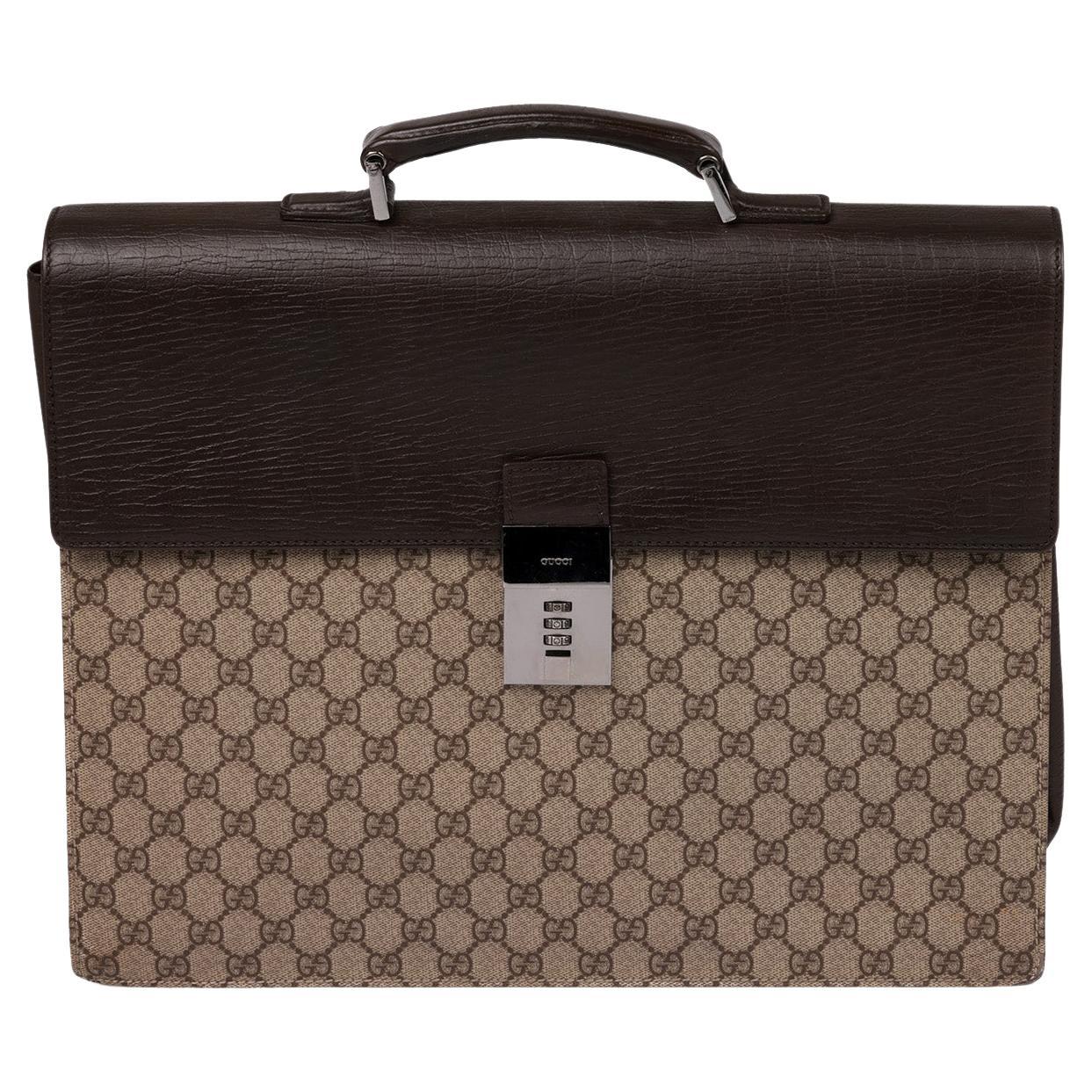 Gucci GG Supreme Coated Canvas & Brown Calfskin Leather Vintage Briefcase For Sale