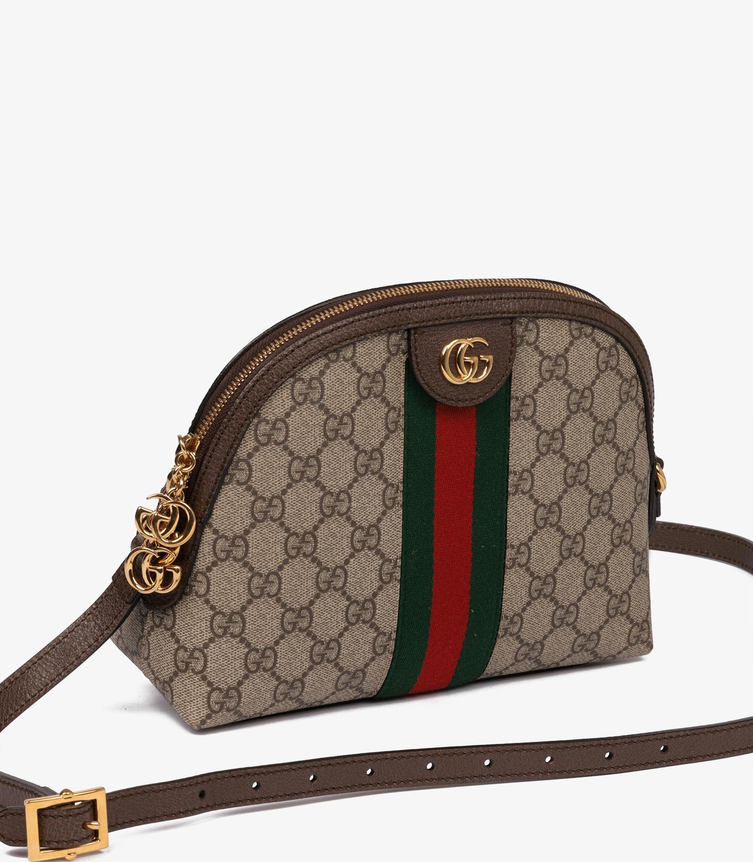 Gray Gucci GG Supreme Coated Canvas & Brown Pigskin Leather Web Ophidia Shoulder Bag