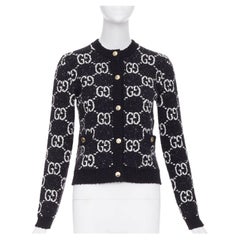 GUCCI GG Supreme Jacquard-Strickjacke, schwarz-weiß mit goldenen Knöpfen, Größe XS