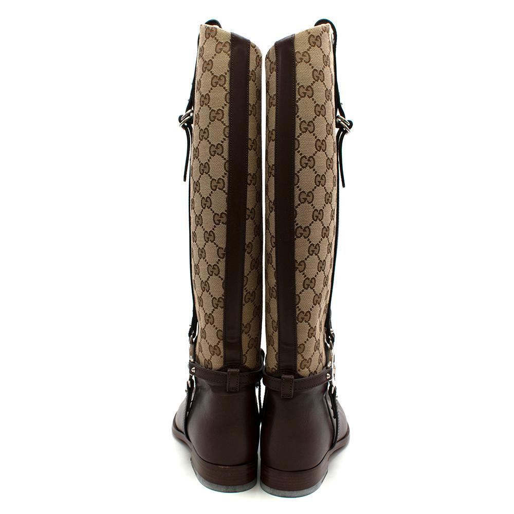 gucci brown gg supreme leather- trimmed over the knee boots/booties