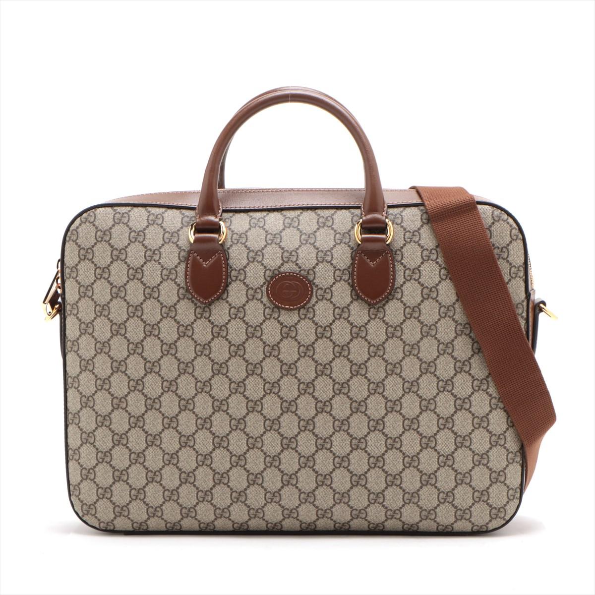 The Gucci GG Supreme Leather Two-Way Business Briefcase in Beige and Brown is a sophisticated and versatile accessory that seamlessly combines functionality with the iconic GG Supreme motif. Crafted from the signature GG canvas and leather trim, the