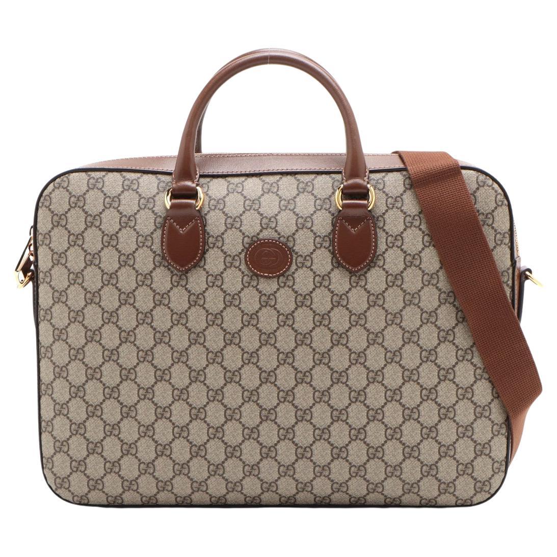 Gucci GG Supreme Leather Two-Way Business Briefcase Beige×Brown For Sale