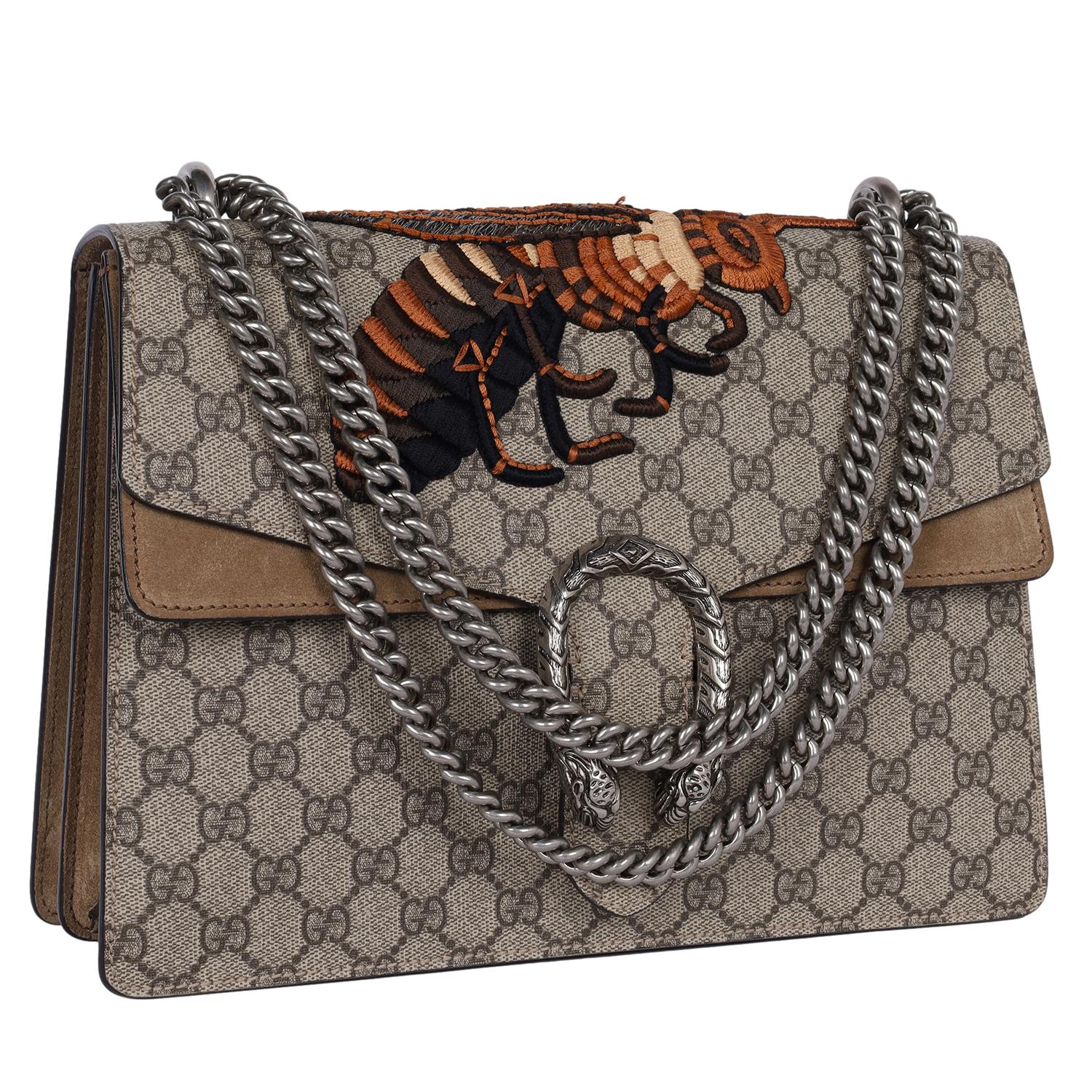 Gray GUCCI GG Supreme Monogram Bee Embroidered Shoulder Bag Brown For Sale
