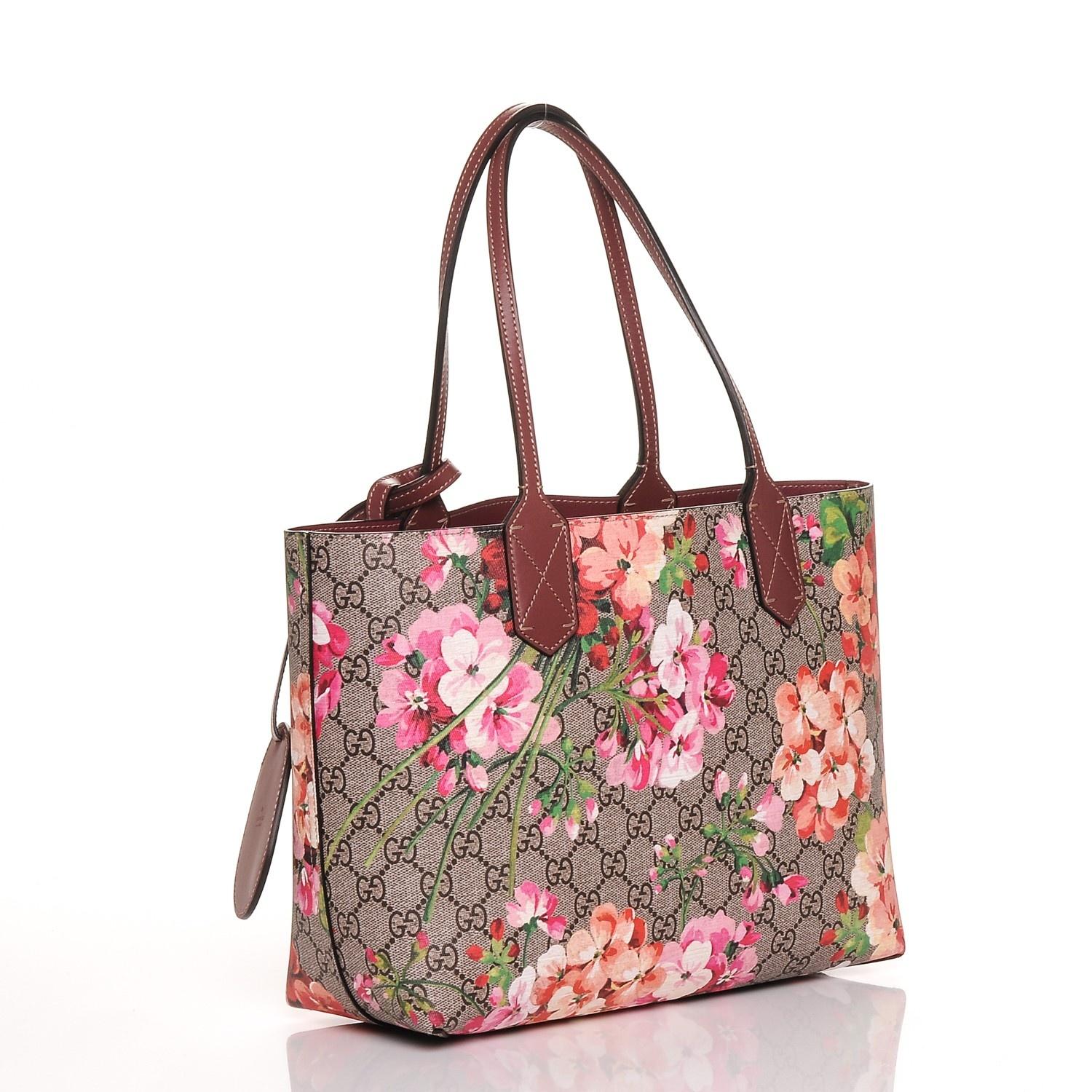 Brown Gucci GG Supreme Monogram Blooms Small Reversible Tote Rose For Sale
