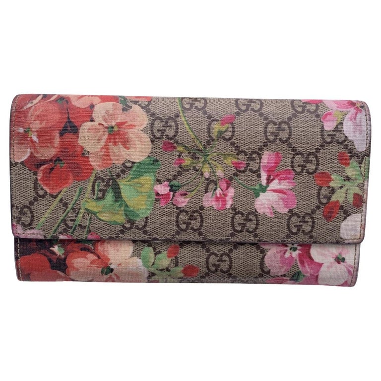 Gucci Blooms GG Supreme Brown Canvas Wallet Blossoms Blue Floral Box New