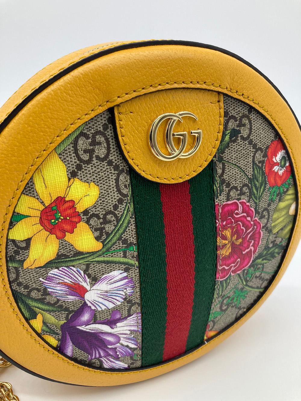 Gucci GG Supreme Monogram Flora Mini Ophidia Round Yellow Shoulder Bag In New Condition In Philadelphia, PA