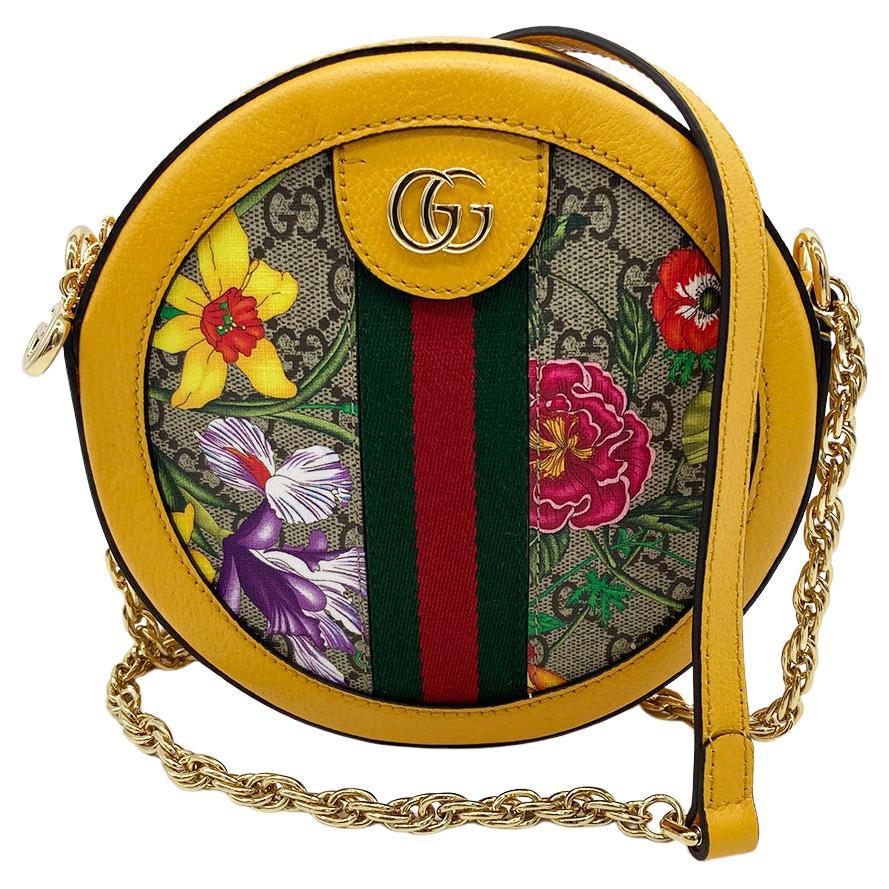 Gucci GG Supreme Monogram Flora Mini Ophidia Round Yellow Shoulder Bag