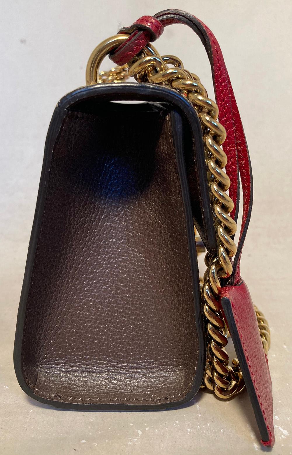 GUCCI GG Supreme Monogram Tian Small Padlock Bag in good condition. Monogram canvas exterior with Tian print throughout. Gold chain shoulder strap and front padlock closure. Red and brown leather trim. Red leather clochette attached with key. Pinch