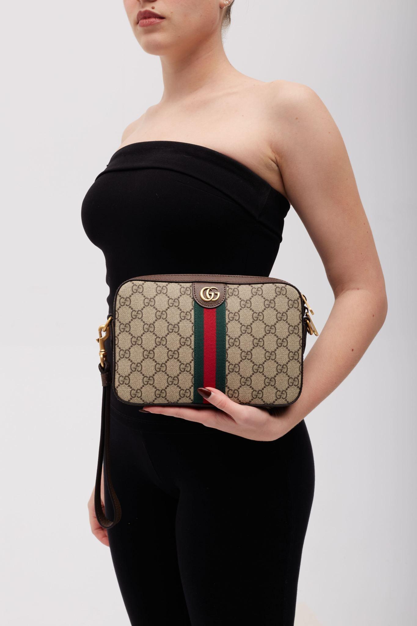 Brown Gucci GG Supreme Monogram Web Ophidia Camera Shoulder Bag Ebony For Sale