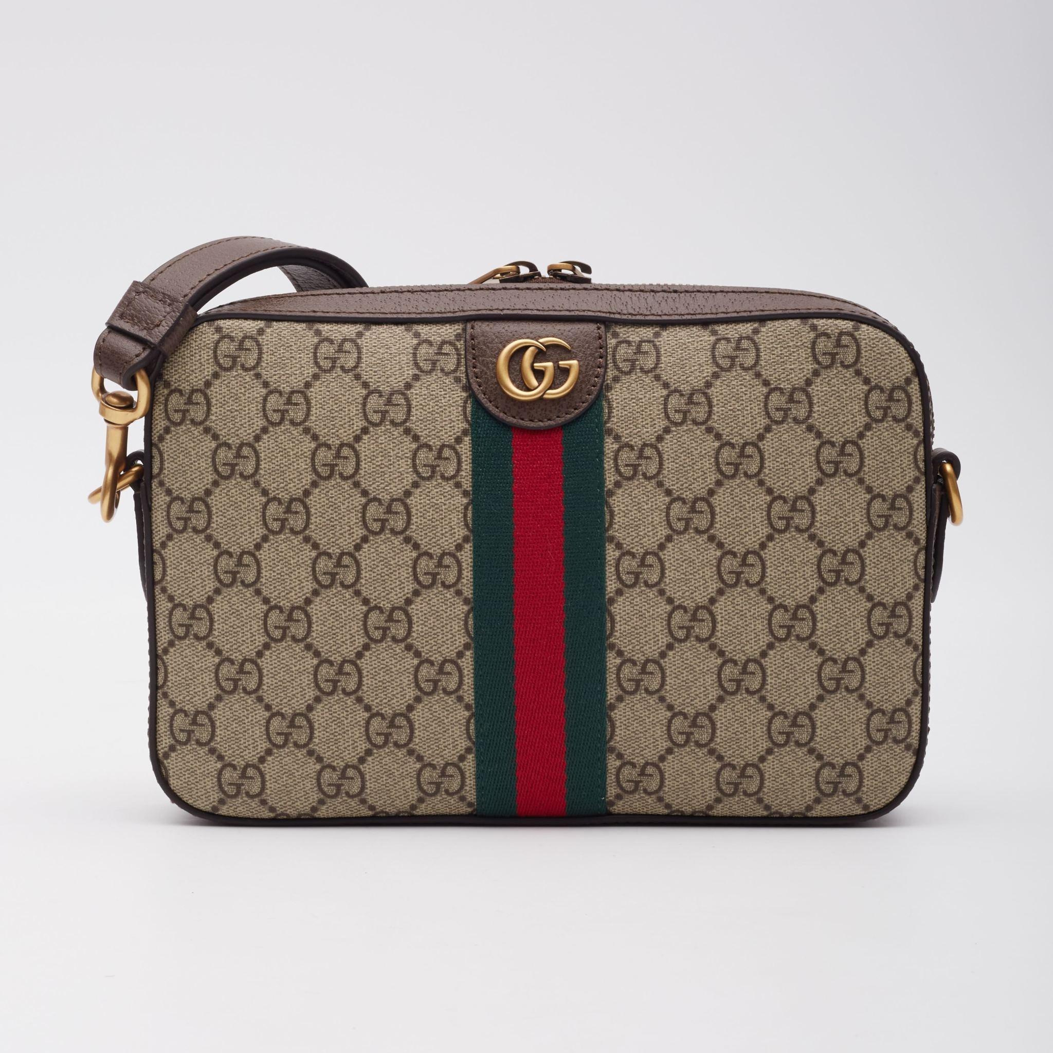 Gucci GG Supreme Monogram Web Ophidia Camera Shoulder Bag Ebony In Excellent Condition For Sale In Montreal, Quebec