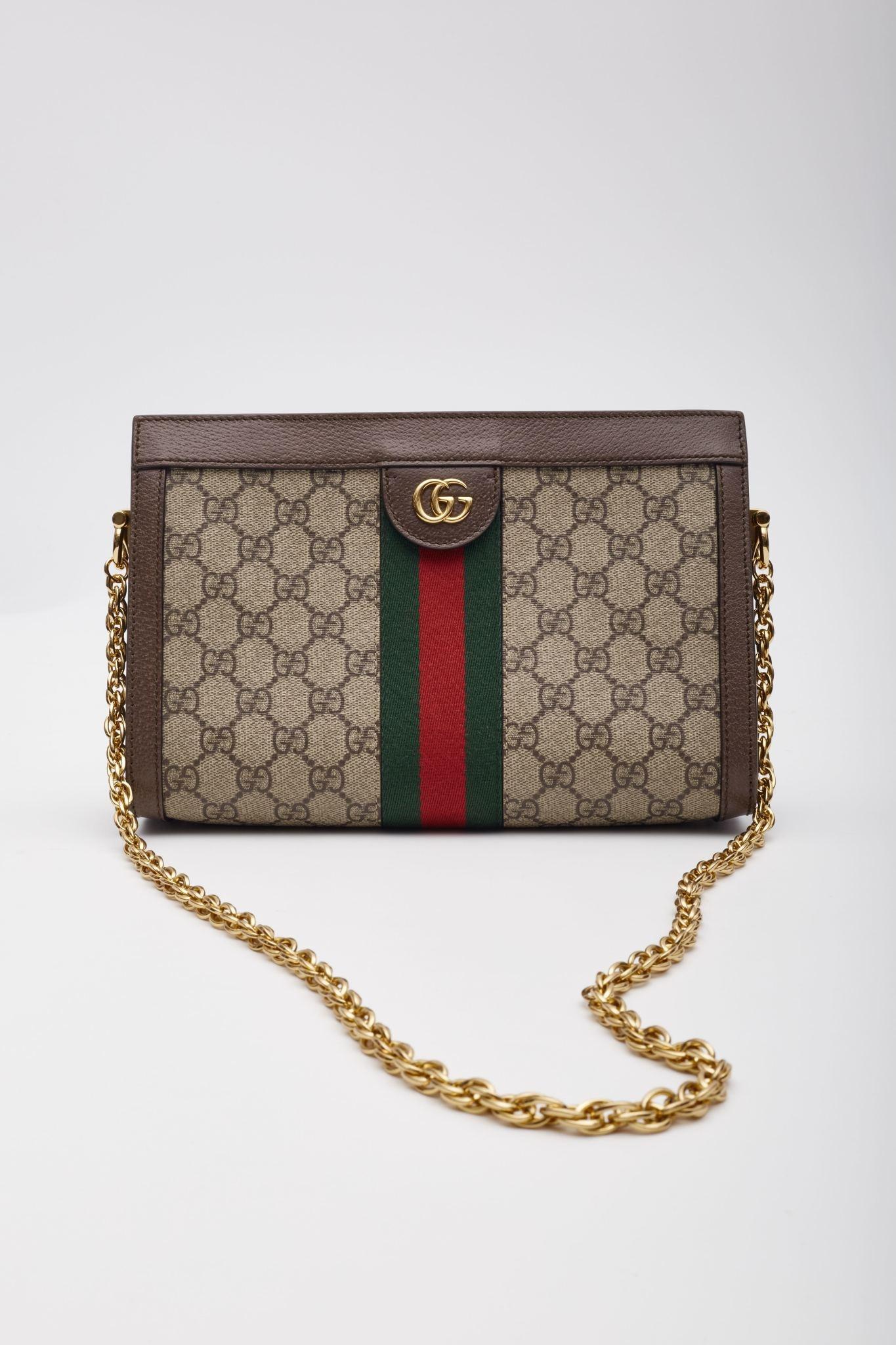 Brown Gucci GG Supreme Monogram Web Ophidia Chain Shoulder Ebony Small For Sale