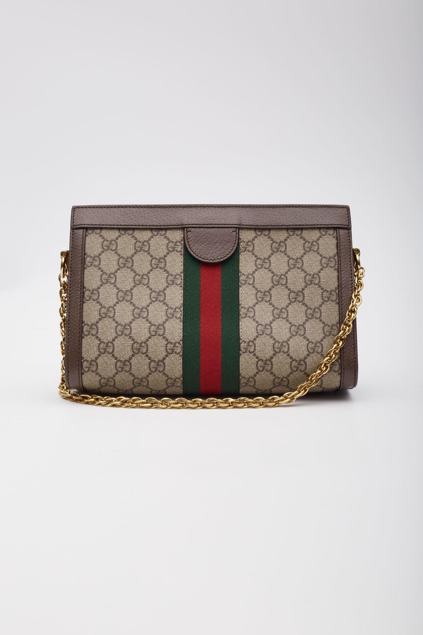 Gucci GG Supreme Monogram Web Ophidia Chain Shoulder Ebony Small In Excellent Condition For Sale In Montreal, Quebec