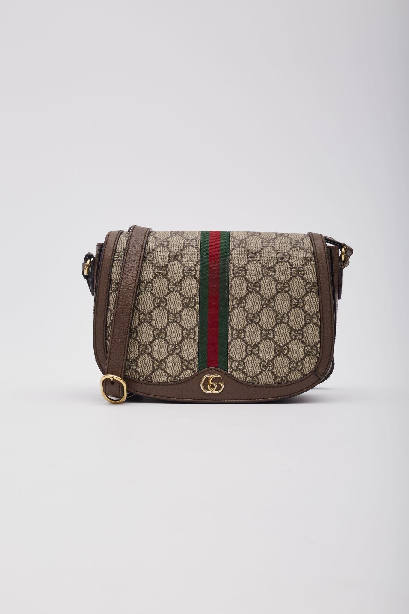 Gucci GG Supreme Monogram Web Ophidia Flap Bag Brown In Good Condition For Sale In Montreal, Quebec