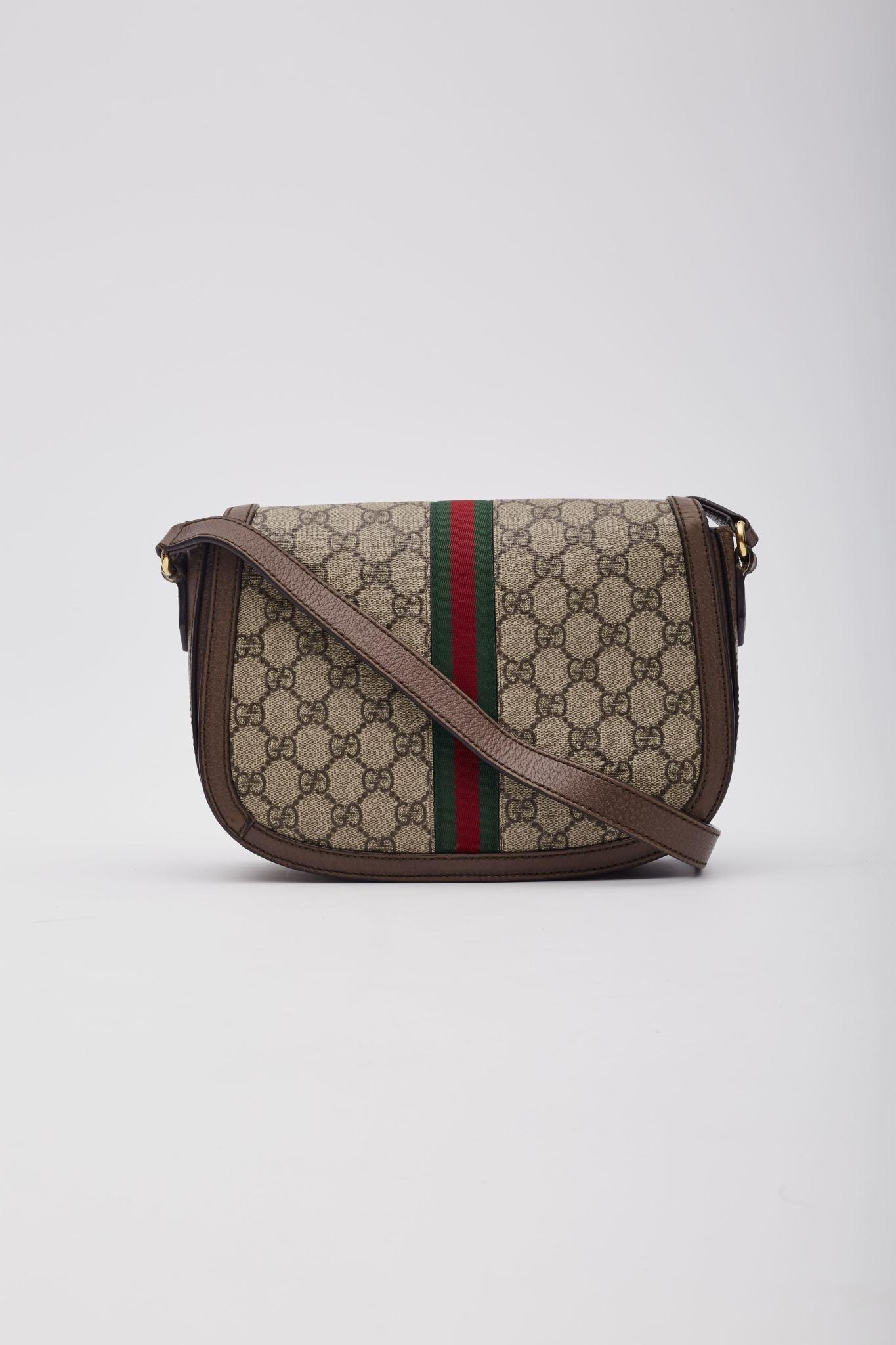Women's Gucci GG Supreme Monogram Web Ophidia Flap Bag Brown For Sale