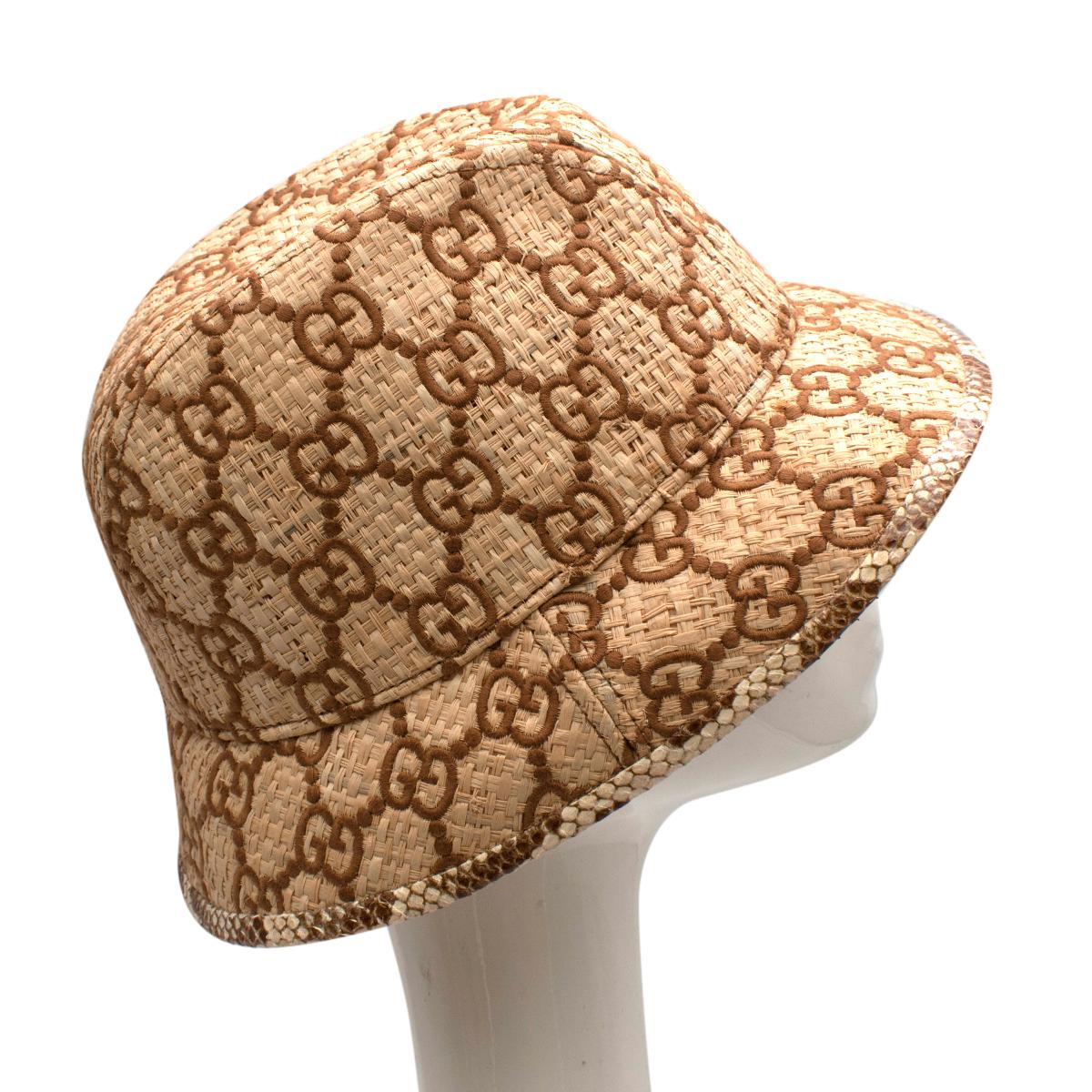 Gucci GG Supreme Schlangenhaut getrimmt Raffia Fedora - Größe L (Braun) im Angebot
