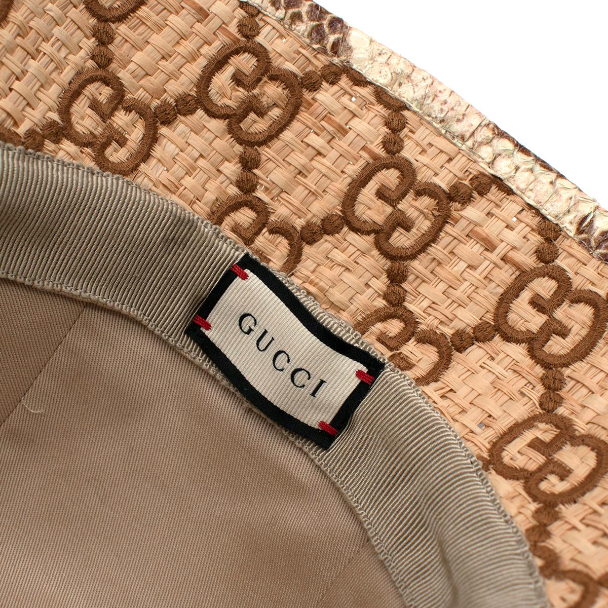 Gucci GG Supreme Schlangenhaut getrimmt Raffia Fedora - Größe L im Angebot 2