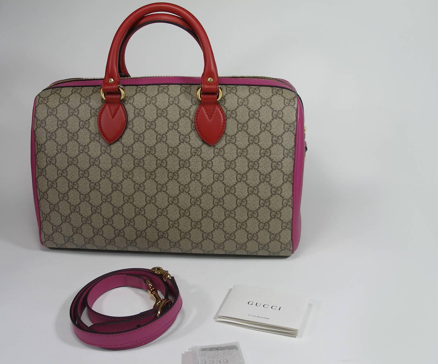 Gucci GG Supreme Top Handle Medium Boston Bag Multicolour Beige-pink-red In New Condition For Sale In VERGT, FR