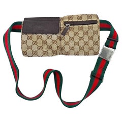 Gucci GG Supreme Web Strap Beige Double Pocket Waist Bag