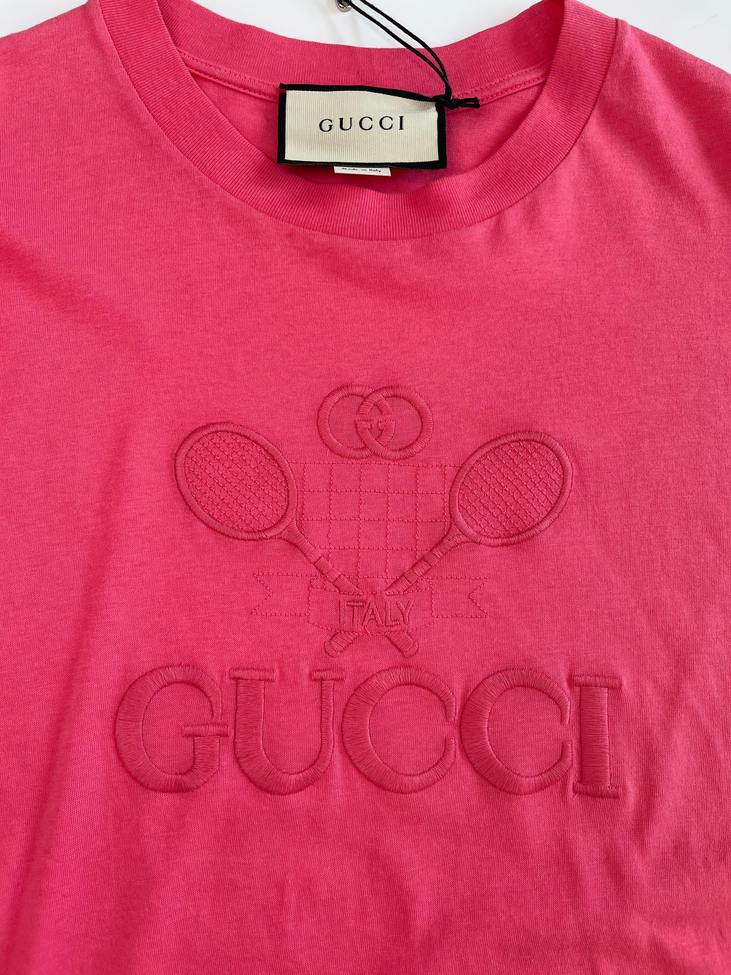 Women's Gucci GG Tennis Pink Cotton Logo T-Shirt - Small (580968)