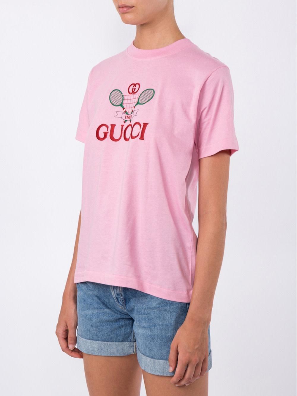Gucci GG Tennis Sugar Pink Cotton Logo T-Shirt - XS (580762) For 