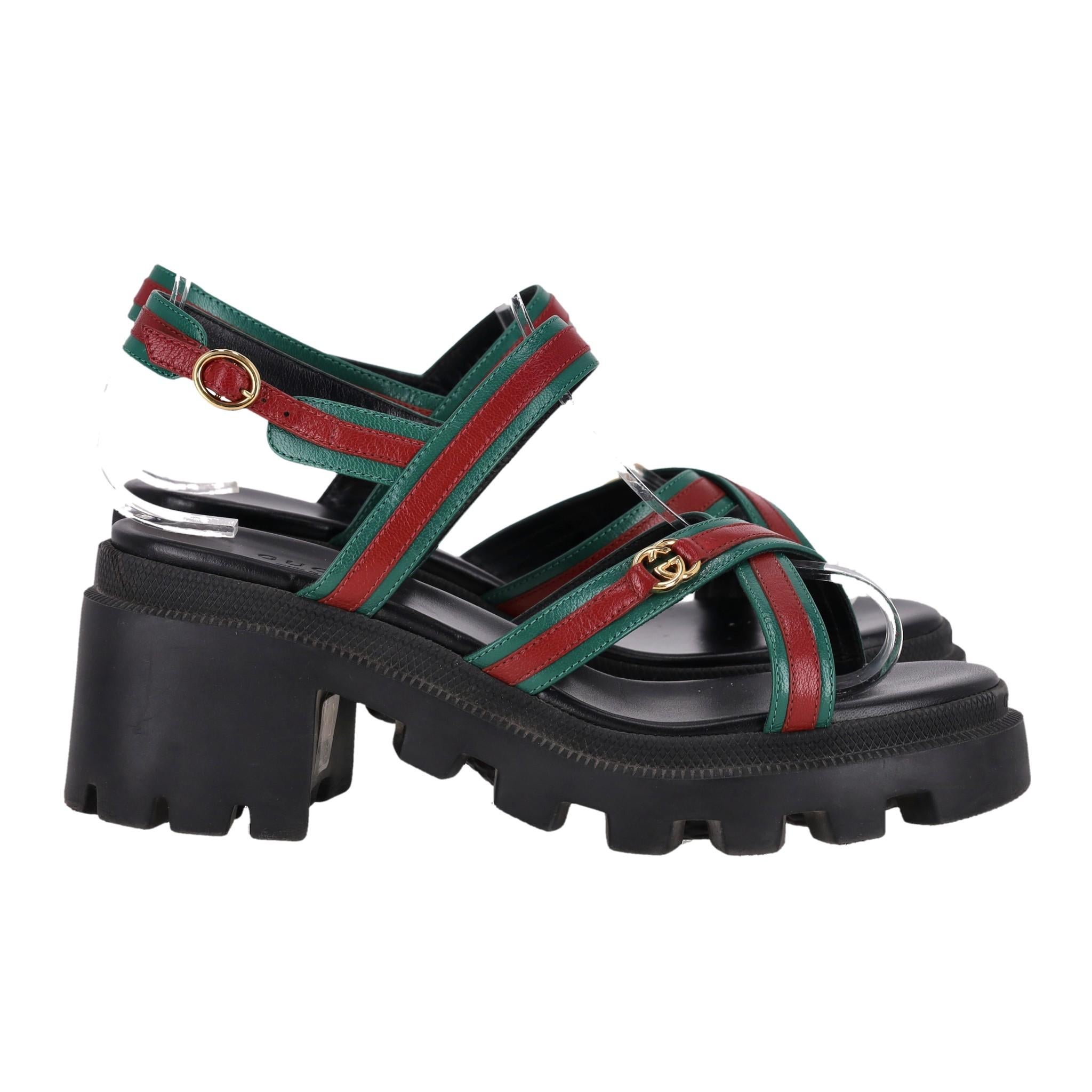 Black Gucci GG Web Stripe Nappa Leather Lug Sole Sandals For Sale