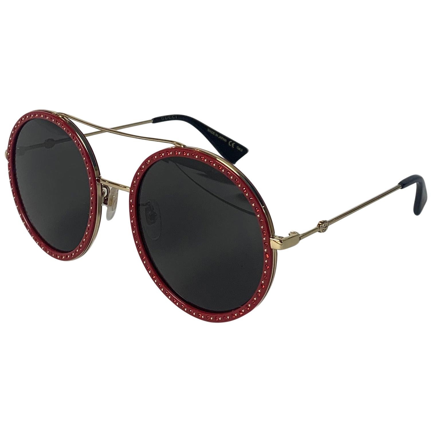 Gucci GG0061S Red Crystal Studded Round Frame Sunglasses