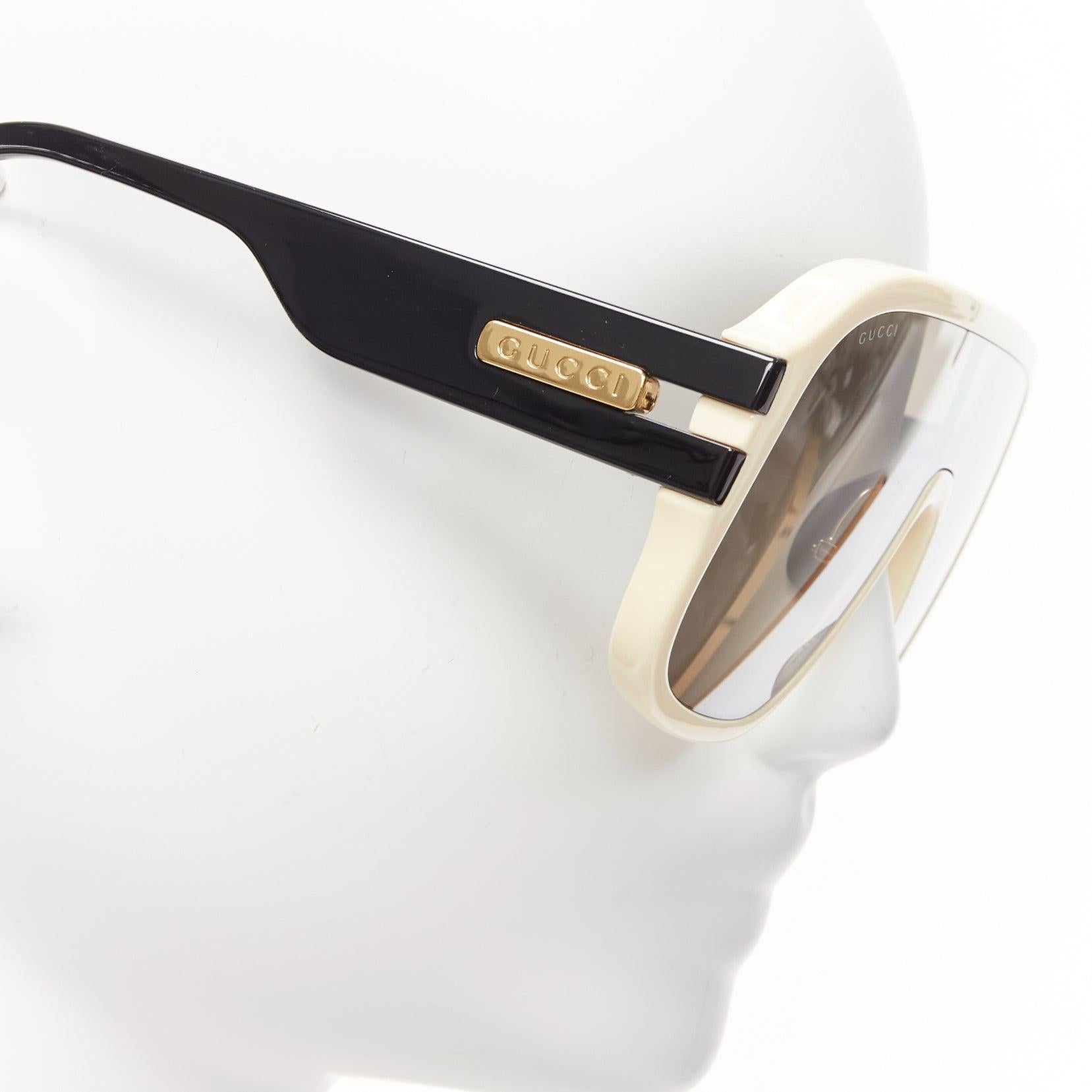 Women's GUCCI GG0900S gold black logo cream frame black lens oversized shield sunglasses For Sale