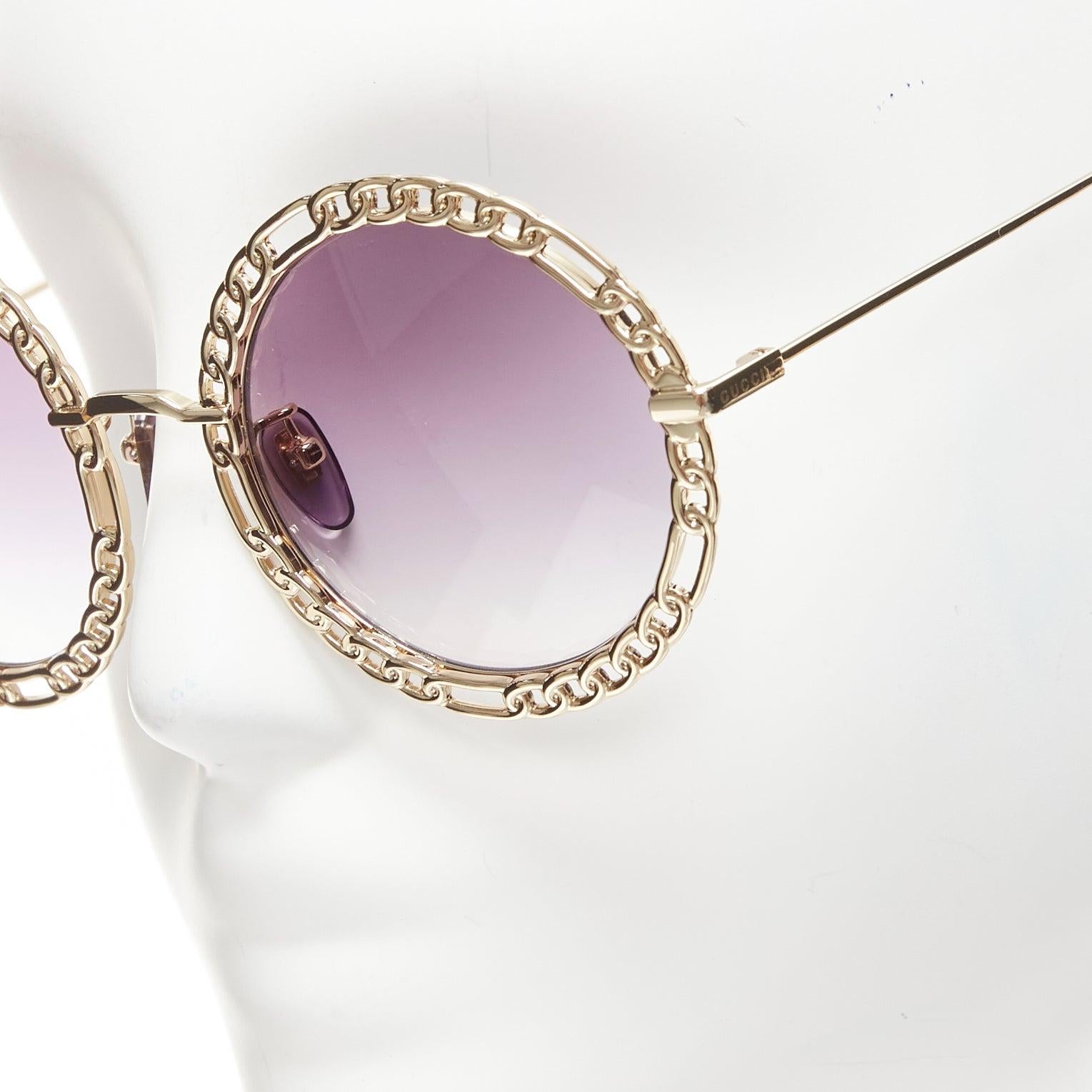 GUCCI GG1113S gold chain rim purple ombre lens round oversized sunnies
Reference: TGAS/D01044
Brand: Gucci
Model: GG1113S
Material: Metal
Color: Gold, Purple
Pattern: Solid
Lining: Gold Metal
Extra Details: Chain detail frame.
Made in: