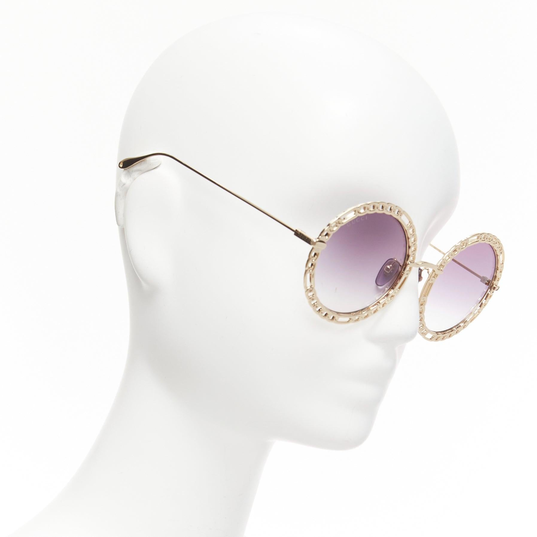 Gray GUCCI GG1113S gold chain rim purple ombre lens round oversized sunnies For Sale
