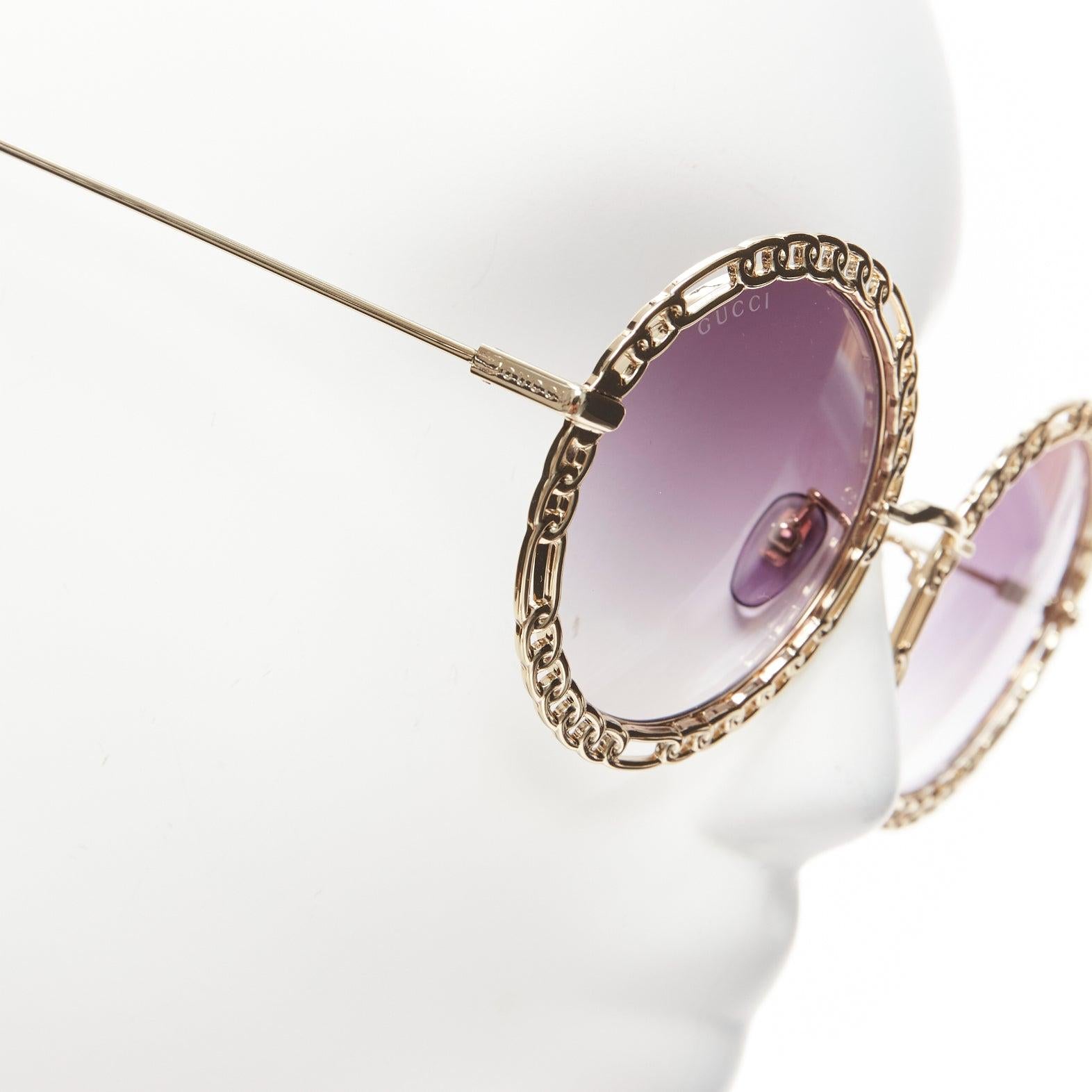 Women's GUCCI GG1113S gold chain rim purple ombre lens round oversized sunnies For Sale
