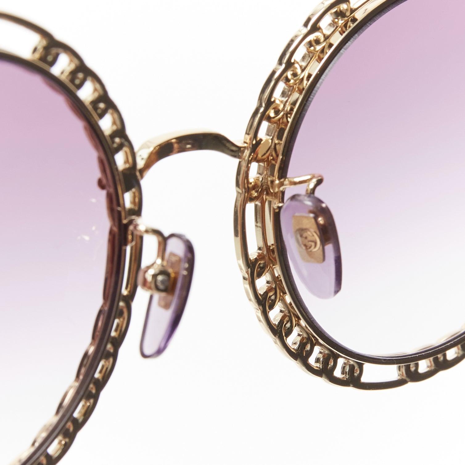 GUCCI GG1113S gold chain rim purple ombre lens round oversized sunnies For Sale 3