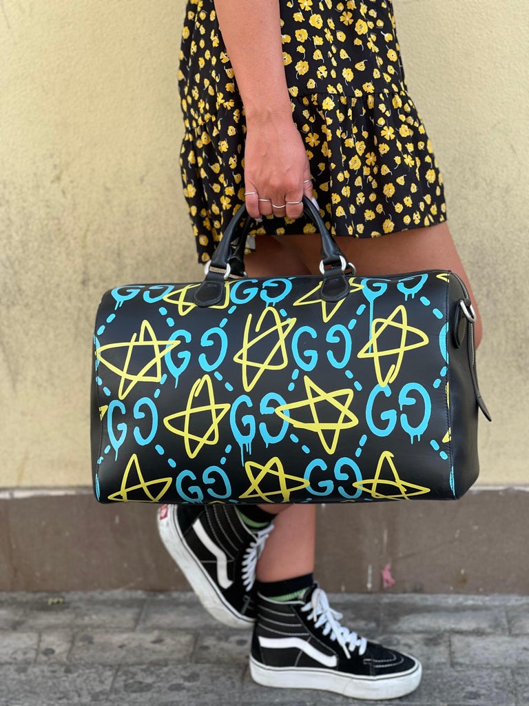 Gucci Ghost Bag in Black Leather with Yellow and Blue Decoration For Sale 5