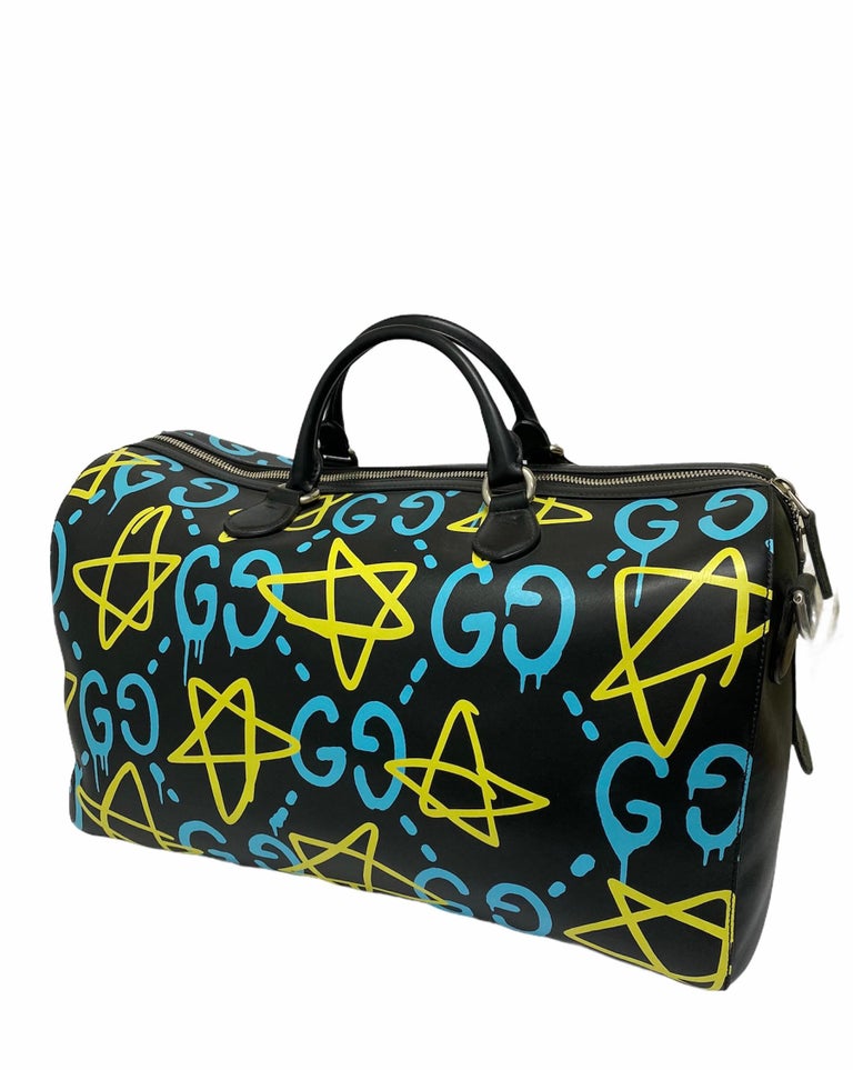 Gucci Ghost Bag in Black Leather with Yellow and Blue Decoration In Excellent Condition For Sale In Torre Del Greco, IT