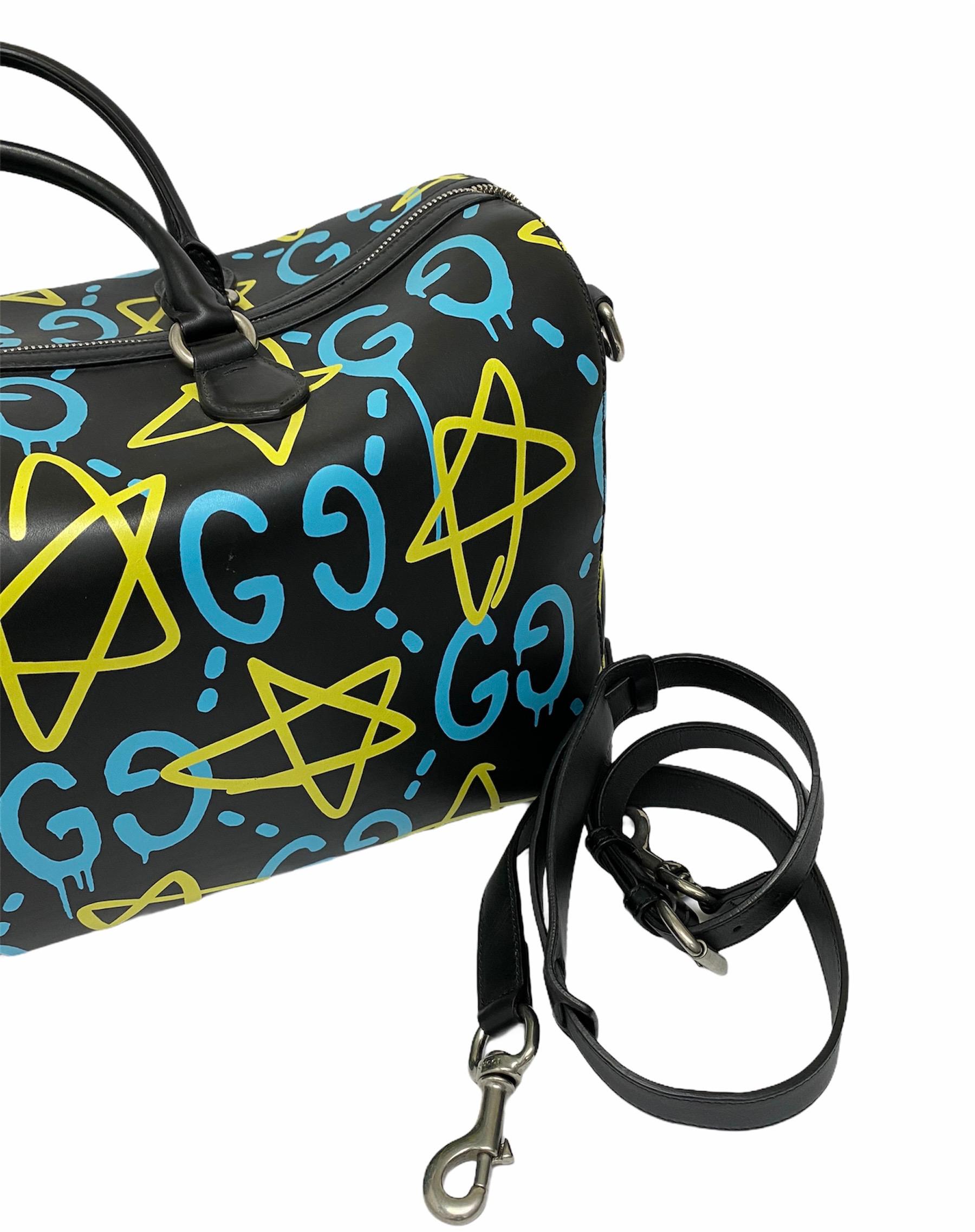Women's Gucci Ghost Bag in Black Leather with Yellow and Blue Decoration