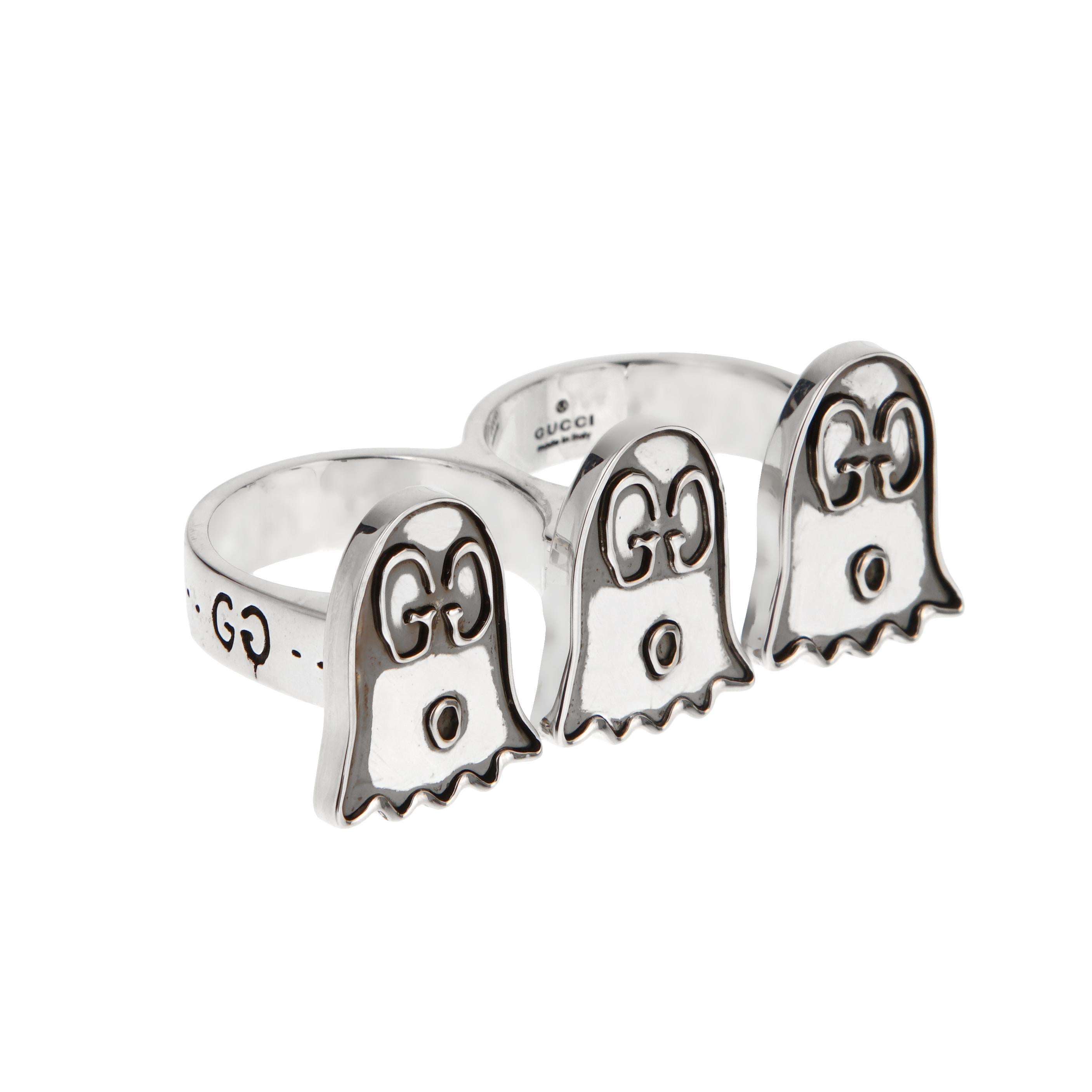 Gucci Ghost - Anello a due dita con triplo motivo in argento sterling - Sz 4 & 5 In condizioni Nuovo in vendita a Feasterville, PA