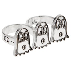 Gucci Ghost Sterling Silver Triple Motif Two Finger Ring Sz 4 3/4 and 4 1/2