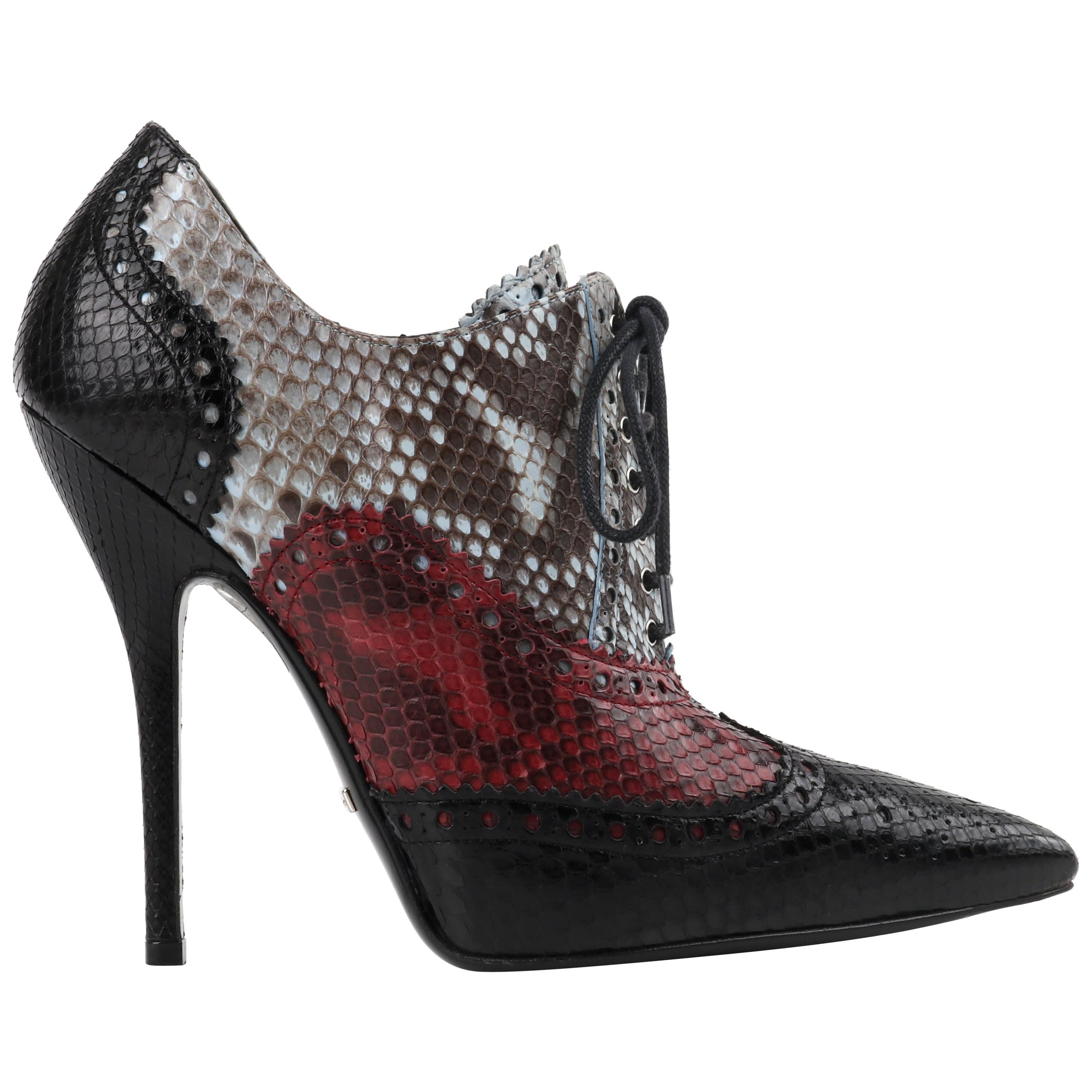 GUCCI "Gia" Multicolor Python Skin Leather Brogue Stiletto Ankle Boots Heels