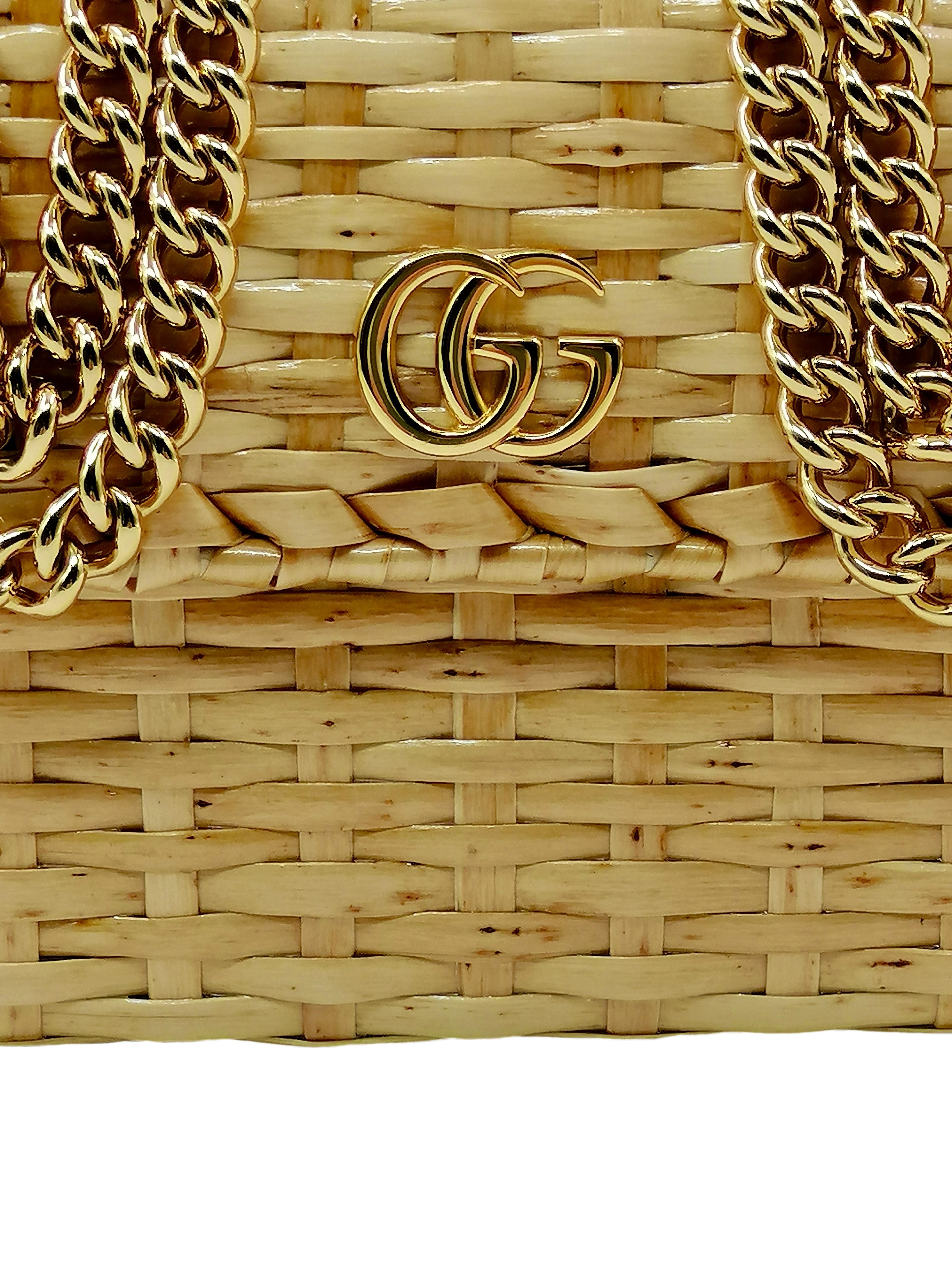 Brown GUCCI  glazed wicker mini  cestino shoulder bag natural