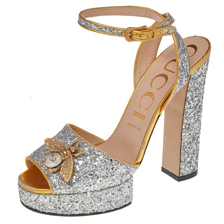 Gucci Glitter Fabric And Leather Bee Platform Ankle Strap Sandals Size 40  at 1stDibs | gucci glitter sandals, gucci glitter platform sandals, gucci  glitter heels