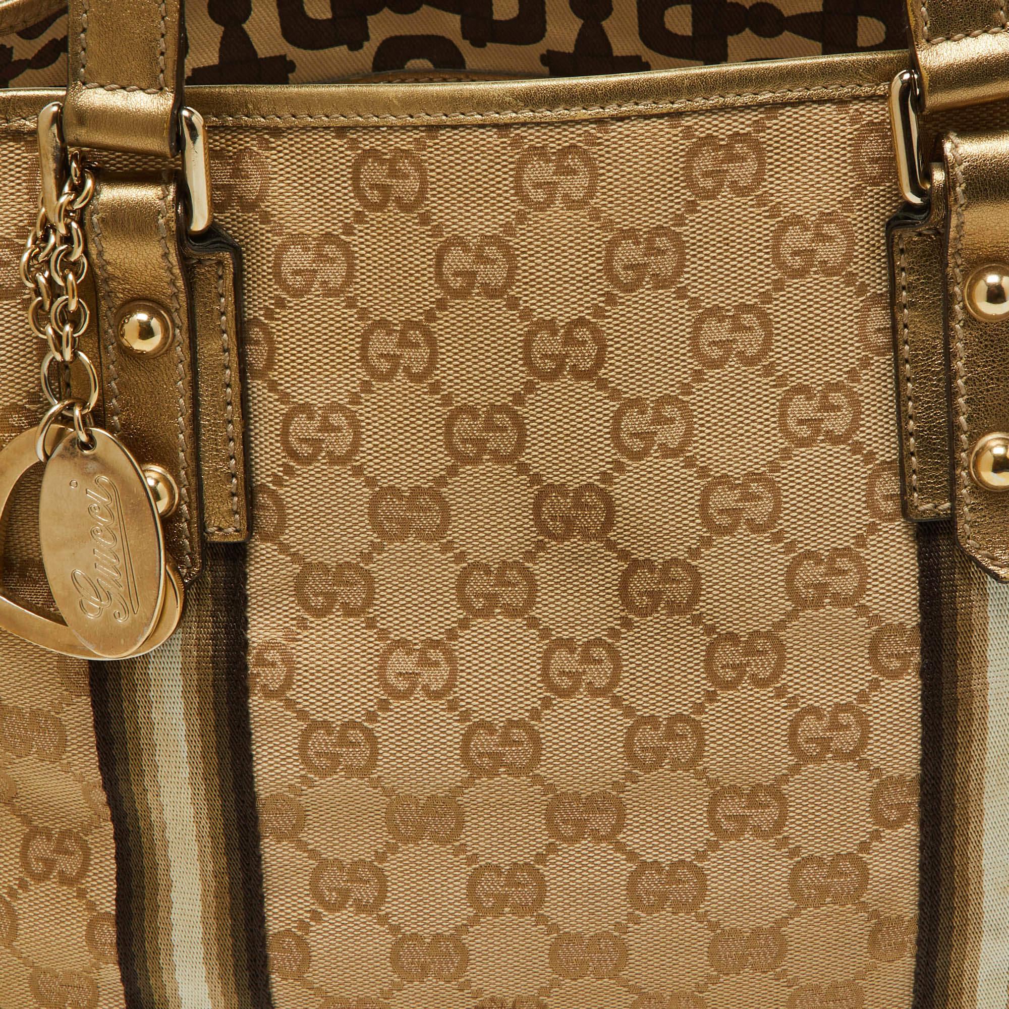 Gucci Gold/Beige GG Canvas and Leather Jolicoeur Tote For Sale 8