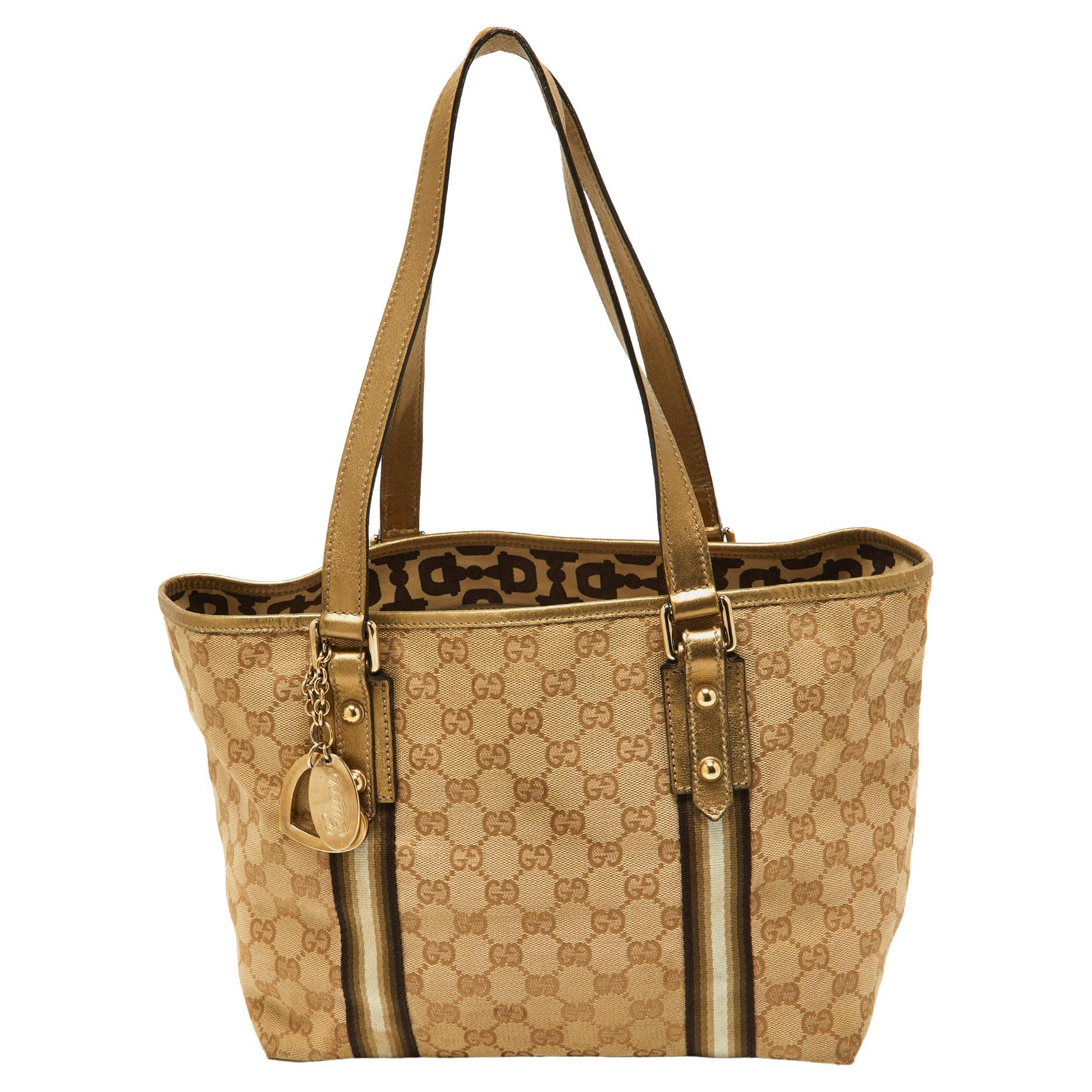 Gucci Gold/Beige GG Canvas and Leather Jolicoeur Tote