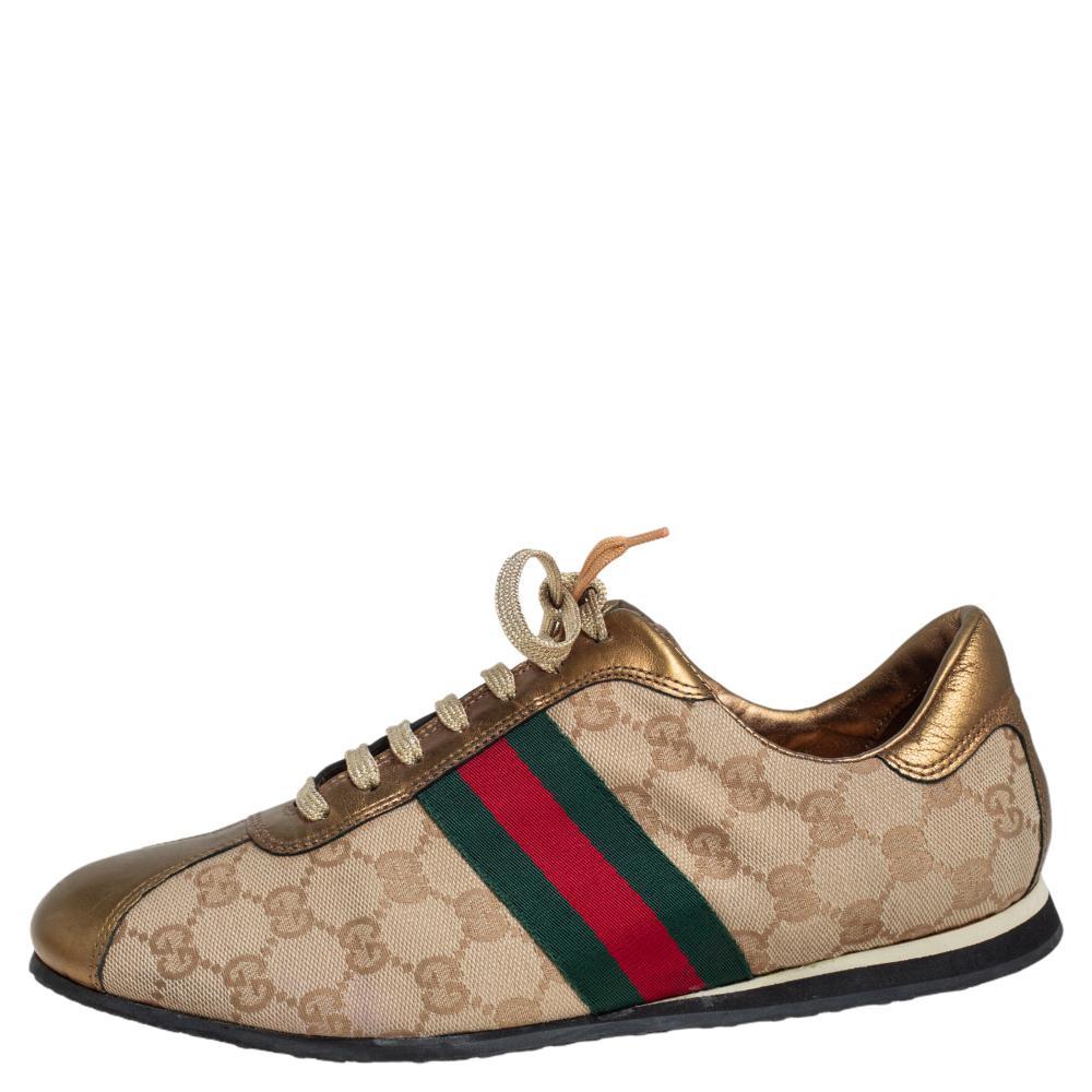 Gucci Gold/Beige GG Canvas And Leather Web Detail Low Top Sneakers Size 39 In Good Condition In Dubai, Al Qouz 2
