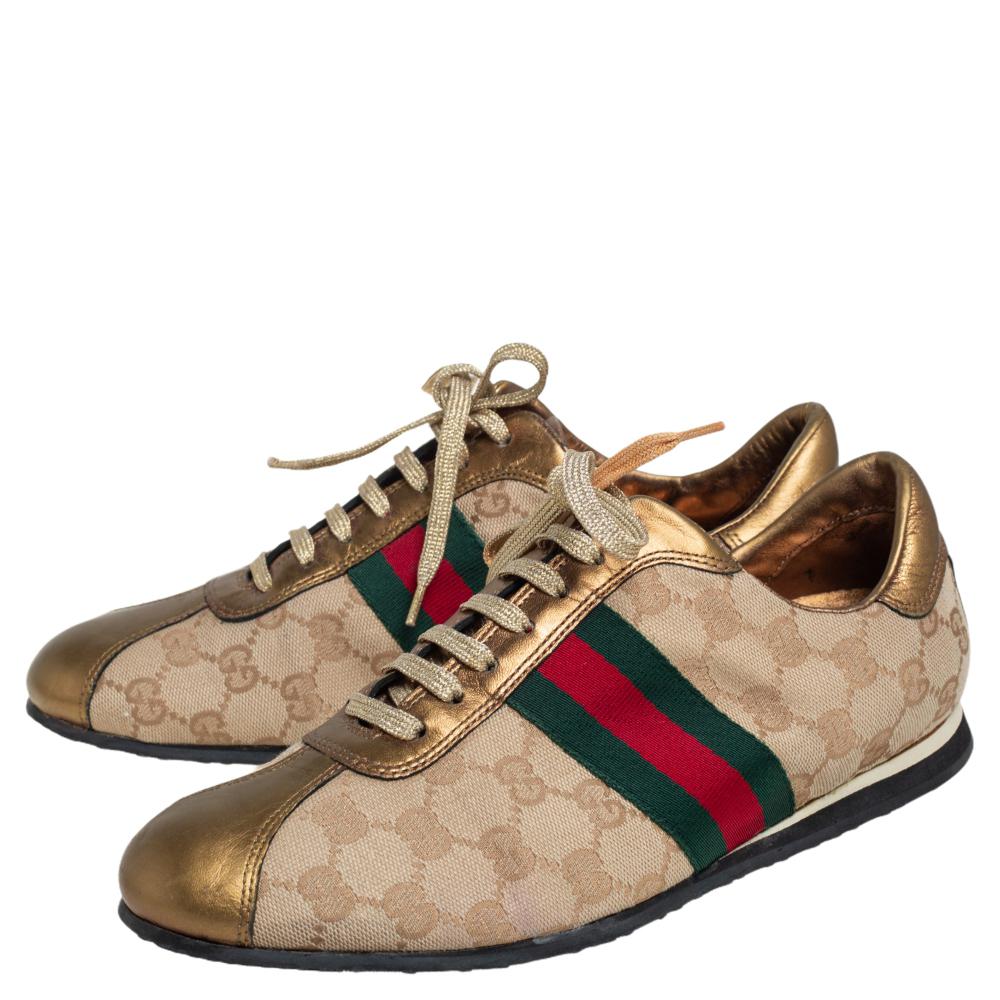 Gucci Gold/Beige GG Canvas And Leather Web Detail Low Top Sneakers Size 39 1