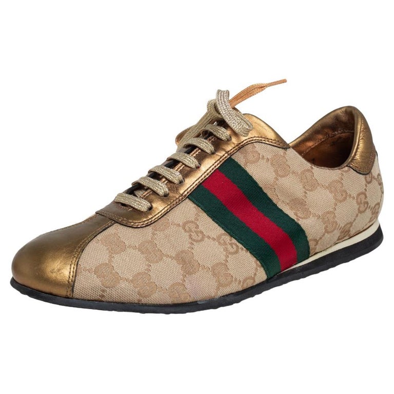 Gucci Gold/Beige GG Canvas And Leather Web Detail Low Top Sneakers Size 39  at 1stDibs